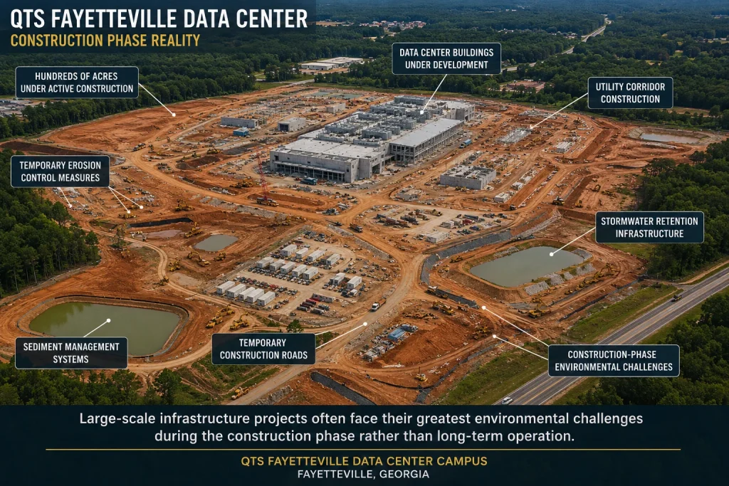 Aerial view of the QTS Fayetteville data center campus under active construction in Fayetteville, Georgia, with exposed soil, heavy equipment, construction roads, and stormwater retention ponds across hundreds of acres.